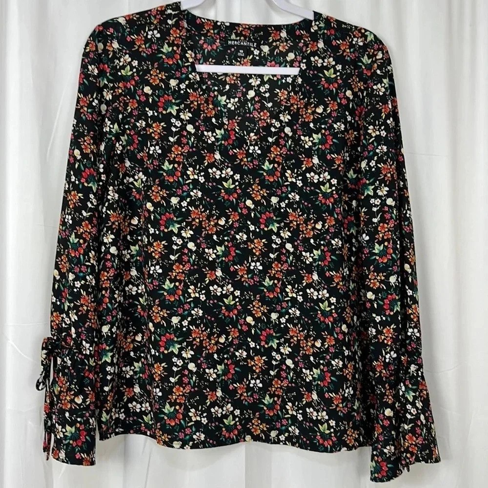 J.Crew Women’s 10 Mercantile Floral Long Tie-sleeve V-Neck Blouse